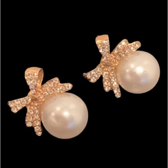 Women’s Vintage Style Nina Large Faux Pearl & Gold Bow Rhinestone Earrings Gift - Picture 1 of 9